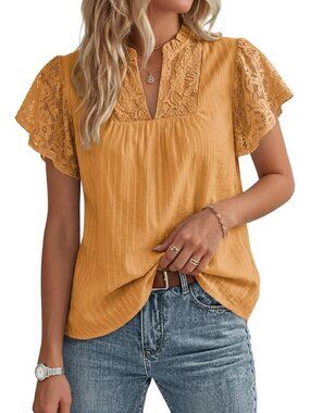 Women's Lace Short Sleeve Tops Summer Dressy Orange Blouses Flowy V Neck